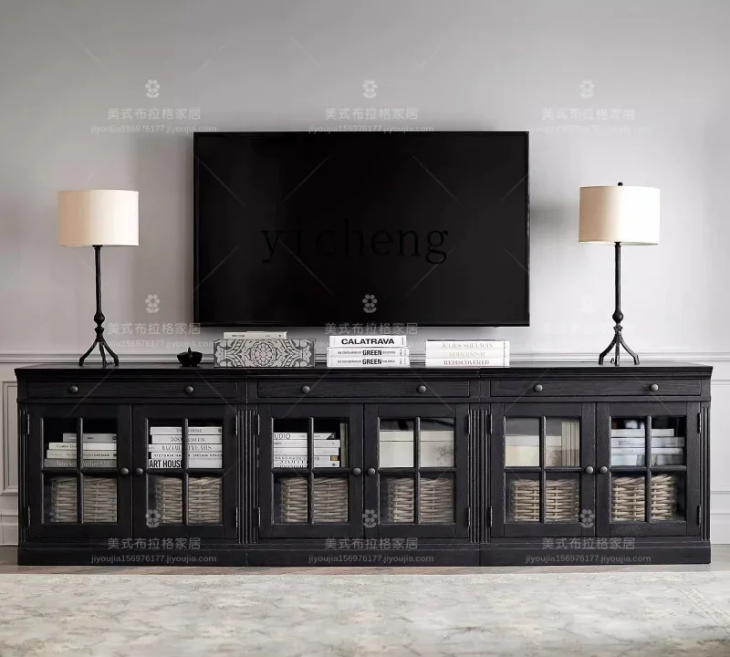 v1  American Country Style Solid Wood Black TV Cabinet Small Apartment Storage Cabinet Living Room Organizer