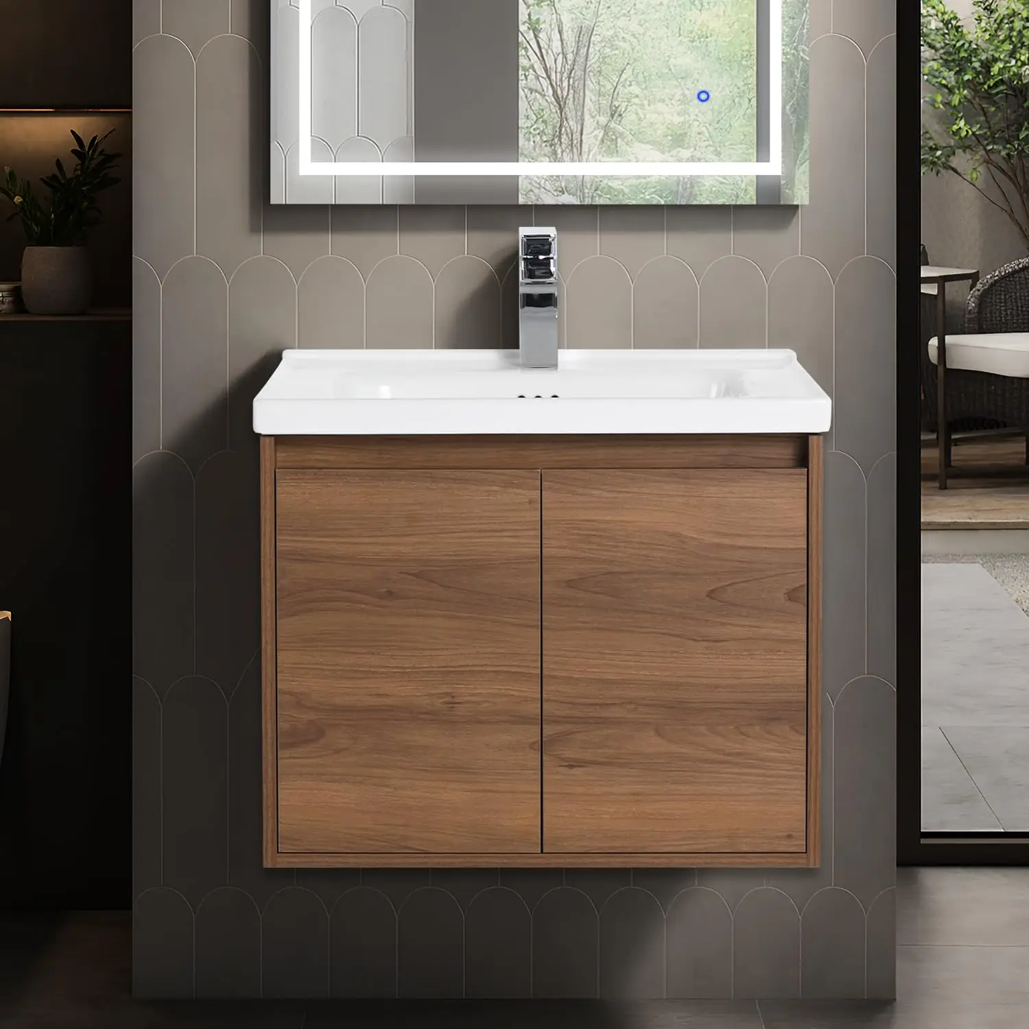 #24in Mid-Century Wall Mount Bathroom Vanity with Sink Walnut Cabinet Scratch-Resistant Ceramic Basin Floating, Customized