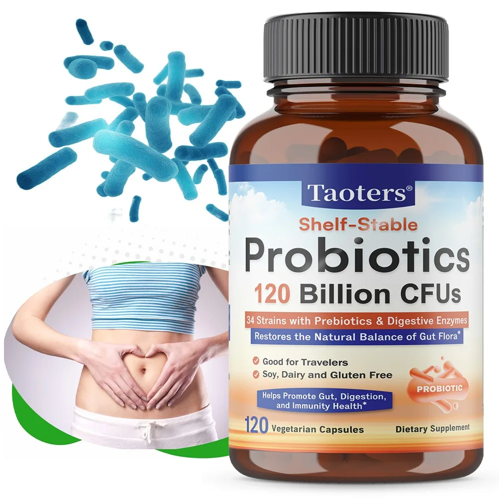 Probióticos 120 Mil Millones de UFC, 34 Cepas con Prebióticos Orgánicos y Enzimas Digestivas, Salud Digestiva e Inmunológica para Mujeres y Hombres