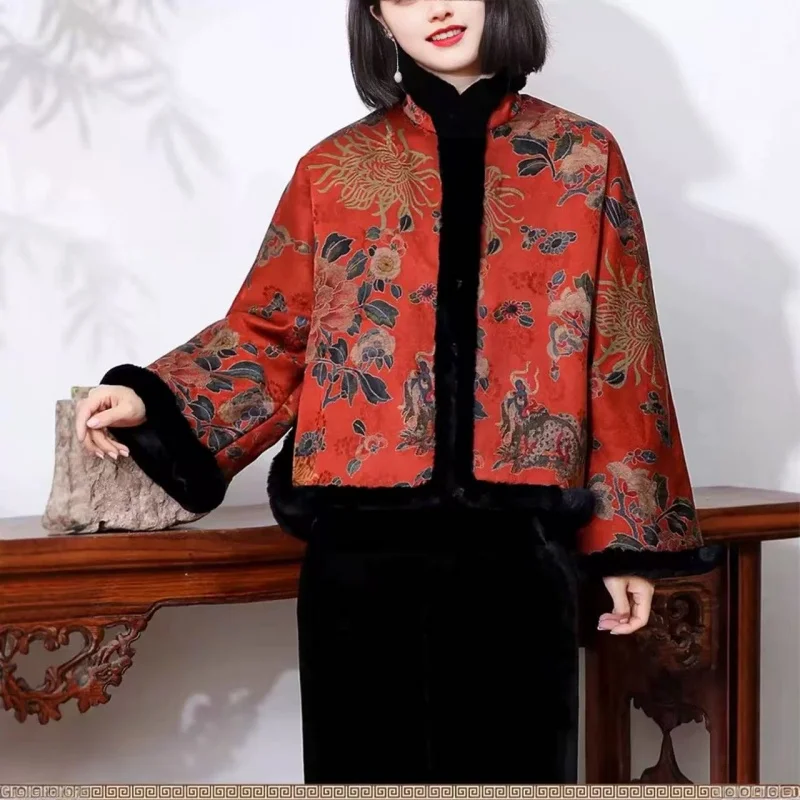 النمط الصيني الرجعية الأزهار طباعة سترة المرأة الخريف الشتاء فضفاضة رشاقته المرأة أبلى معطف القطن عادية كم طويل #3