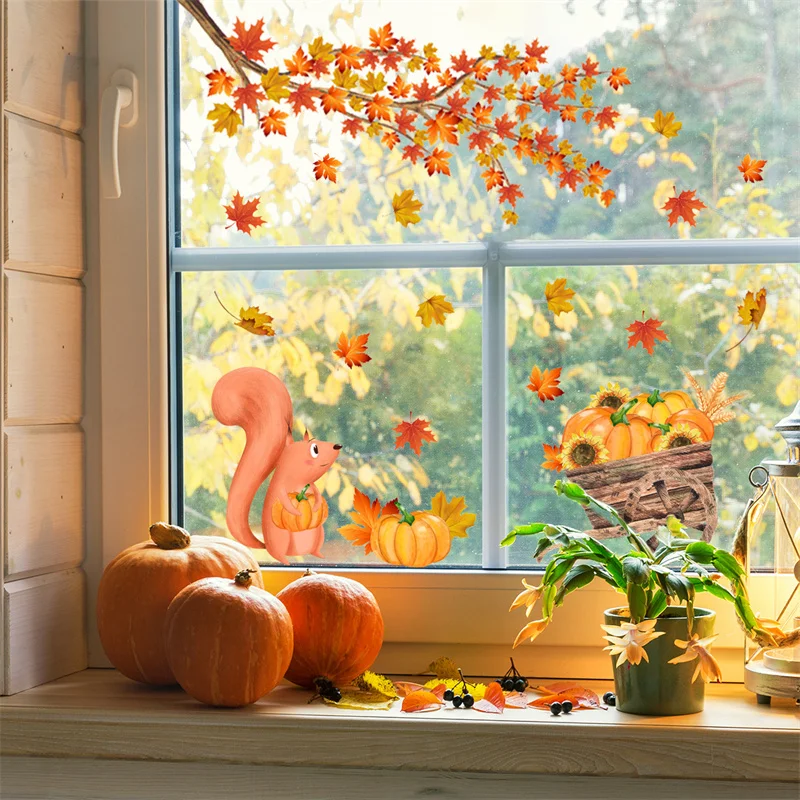 Golden Maple Leaf Window Sticker Autumn Pumpkin Fox Wall Sticker For Kids Room Decals Thanksgiving Autumn Wallpaper Home Decor
