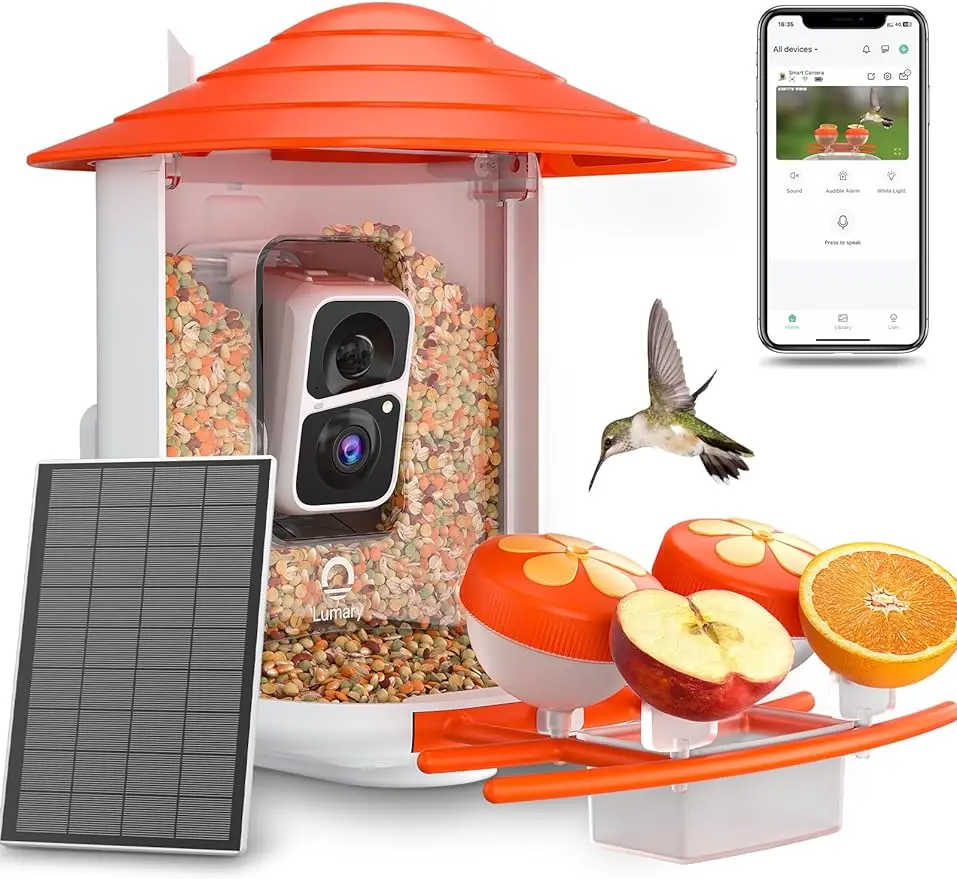 Lumary Bird Feeder with Camera, DIY Add-ons Hummingbird Feeder Solar Powered, Smart AI Identify Auto Capture Motion Detection Gi