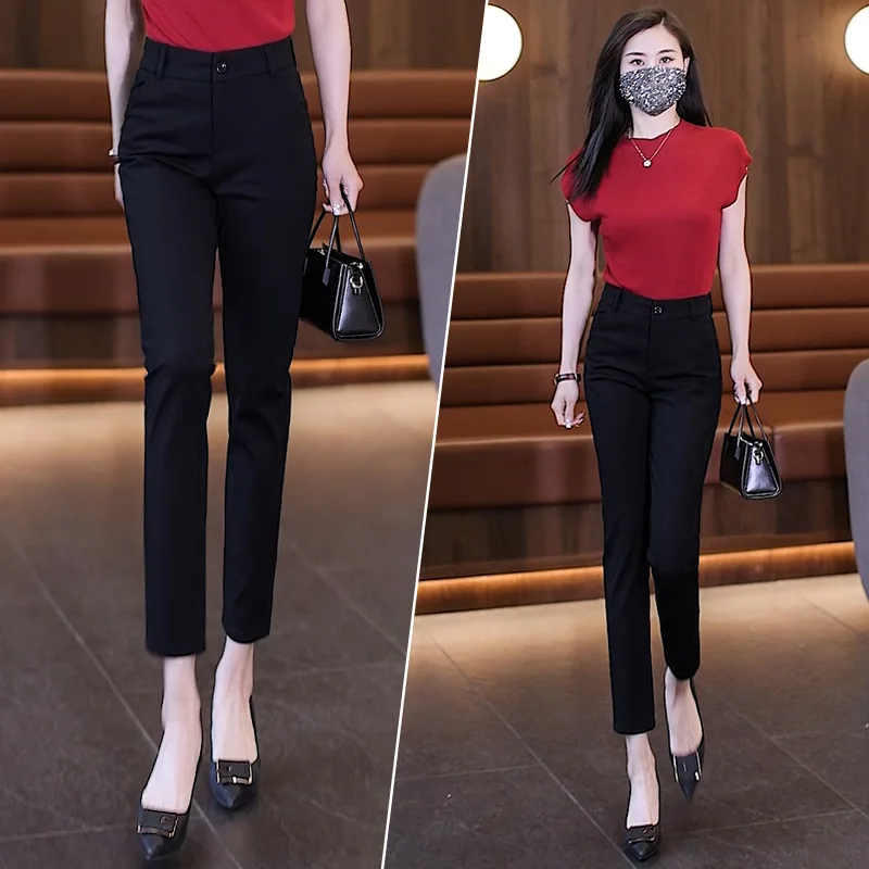 ارتفاع الخصر دعوى السراويل أنيقة الربيع والخريف الراقية المهنية السراويل المستقيمة التخسيس السراويل عارضة