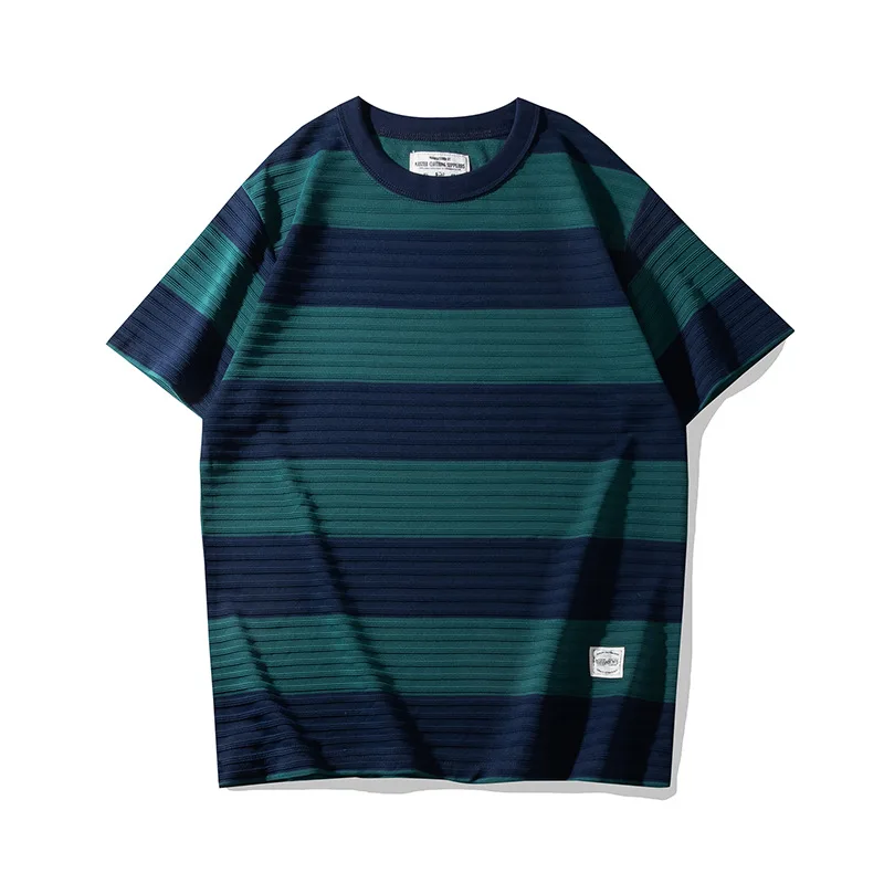 OK4113 Men's Striped Shorts for Summer 280g/m² Good Quality Short Sleeve O-neck Vintage Classical Loose Casual Pullover Tee Male