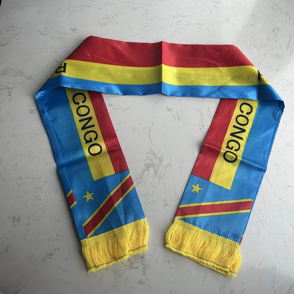 Congo Scarf 14x135cm Double-sided Printed Satin Congo Flag Scarf Tassels Suitable for 2026 Football Cup, Sports, Events