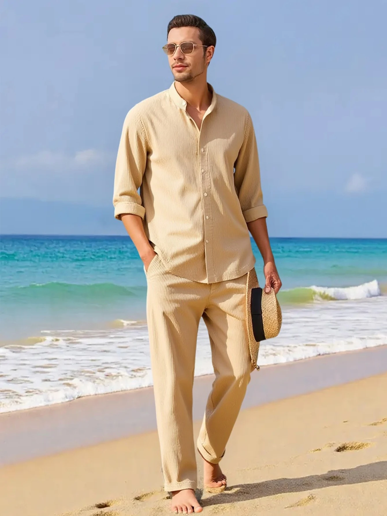 

Men's Fashion Shirt Set Autumn 2025 Camel New Nano Striped Fabric Natural Vertical Anti-Wrinkle Suitable for Various Occasions