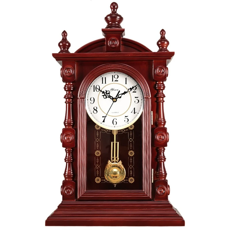 

European style, retro, large size, solid wood, clock, ornament, Chinese style, desktop style, silent clock