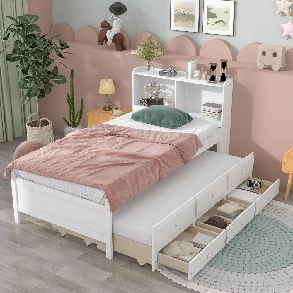 Twin Size Trundle Bed with Storage Drawers and Bookcase Headboard, Kids Twin Bed with Trundle,Captains Bed Twin with Trundle