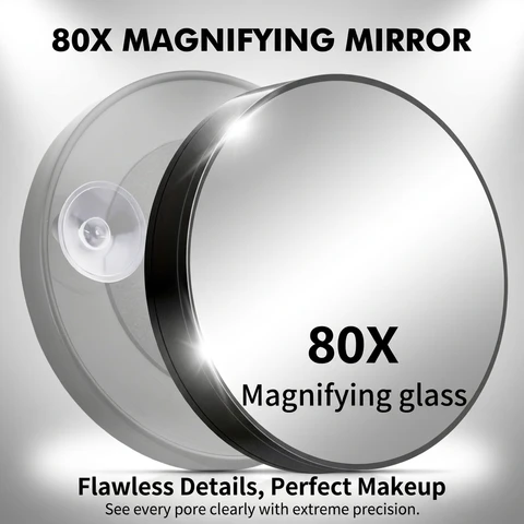 80x HD Beauty Mirror - Portable Black Round Wall-Mounted Mirror with Dual Suction Cups, Compact Design, Perfect for Women's Make