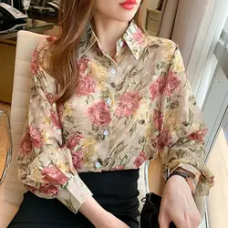 Fashion Commute Spring Autumn New Blouses Women's Korean Lapel Printed Button Loose All-match Spliced Ruched Long Sleeve Shirts