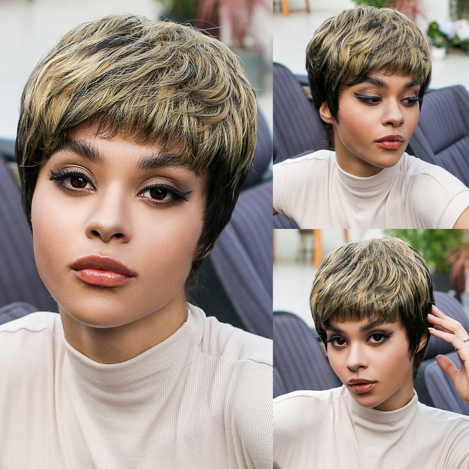 Short Straight Pixie Cut Human Hair Black Remy Human Hair Wig with Golden Blonde Bangs Wigs for Afro Women Brizilian Machinism