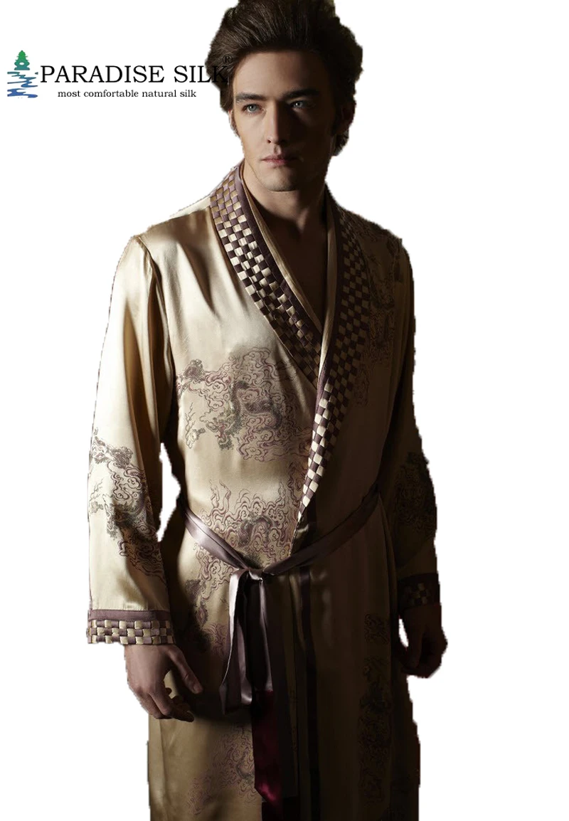 Men Silk Robe 100% Pure 19MM Silk Men Luxury Sleepwear Embroidered Kimono Robe Nightgown Size L XL XXL