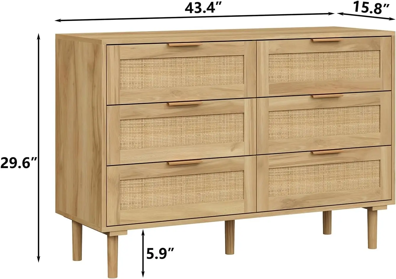 6 Drawers Rattan Dresser for Bedroom, Wooden Dresser Chest of Drawers, Storage Organizer for Closet, Beside Table for Living