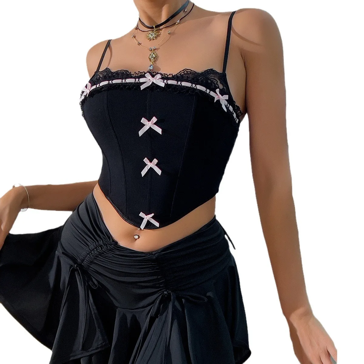 Sexy​ Lace Hollow Out Tank Crop Tops Off Fishbone Pink Bow Color Contrast Sling Sheer Embroidery Black Backless Vest