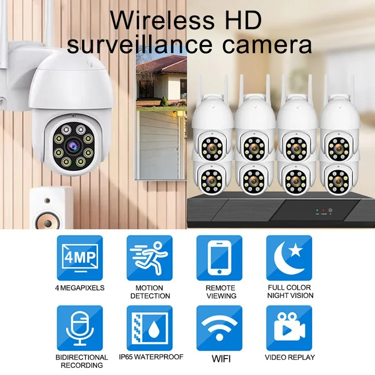 ชุดกล้องวงจรปิดไร้สาย Rscamtom 8CH CCTV WIFI พร้อมเสียงสองทาง ตรวจจับความเคลื่อนไหว มุมมอง 360 องศา ภาพสีในเวลากลางคืน ระบบกล้องวงจรปิด PTZ