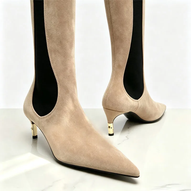 Women's New Knee High Boots with Pointed Kitten Heel and Stretch Fabric for Autumn and Winter Party Fashion, Mid Length Boots