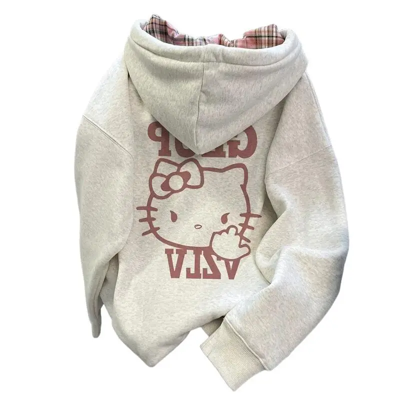 

Hot Sanrio Versatile Plaid Cardigan Hello Kitty Splicing Sweatshirt Early Autumn Popular Embroidery Fashion Loose Casual Jacket