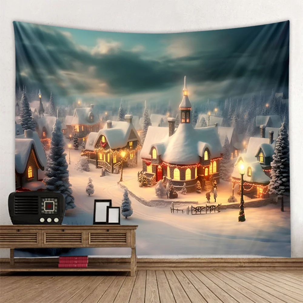 Cartoon Christmas Snow Scene Tapestry Christmas Tree Wall Hanging Home Dormitory Office Holiday Decoration Background Poster