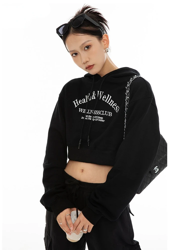 

HOUZHOU Harajuku Vintage Cropped Hoodies Women Gothic Streetwear Loose Letter Print Kpop Sweatshirt Casual Fashion Tops