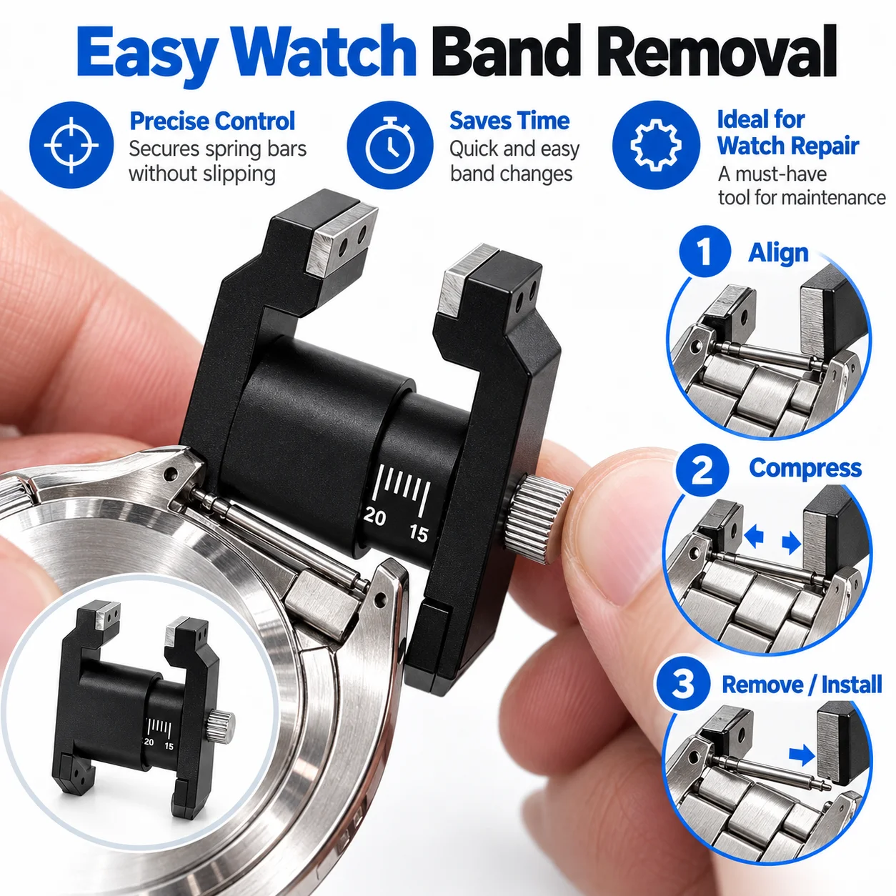 Watch Spring Bar Tweezer Tool V-Shaped Pliers Adjustable Watch Band Removal Installer Repair Tool Kit with Spare Tips Screws
