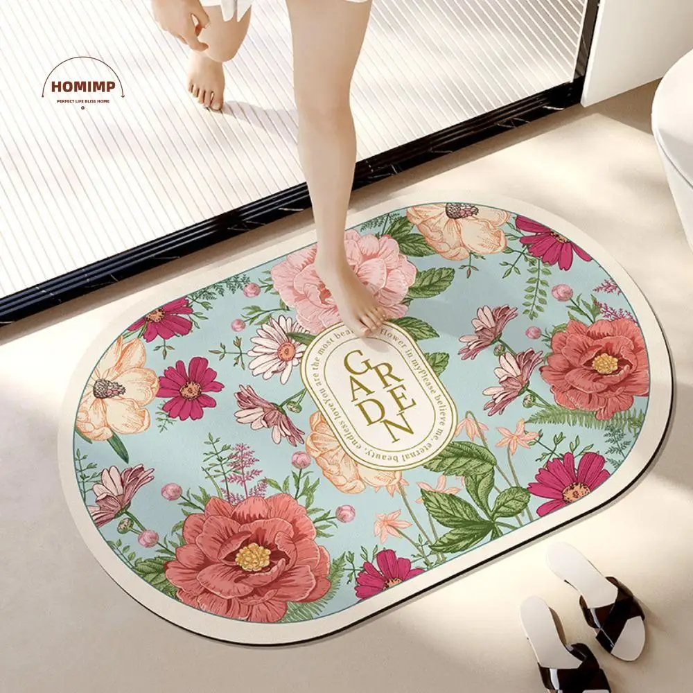 

Elegant Bathroom Floor Mat Flower Printing Machine Washable Absorbent Bath Carpet Quick Drying Soft Anti Slip Door Mat Foot Pad