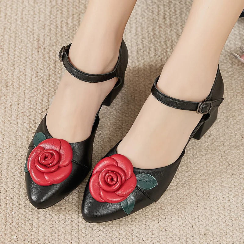 

GKTINOO Women Mother Ladies Female Genuine Leather Sandals Shoes Platform Summer Cool Beach Retro Flowers High Heel Buckle Strap
