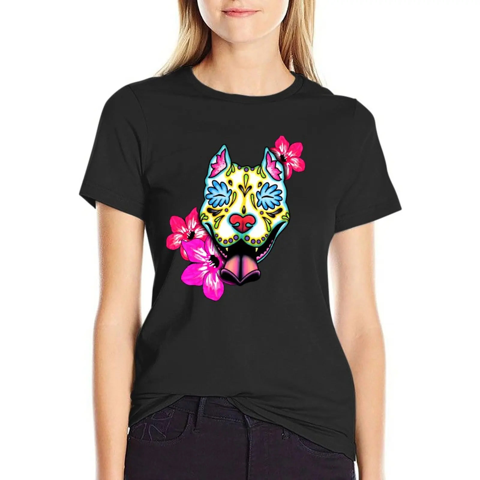 Slobbering Pit Bull - Day of the Dead Sugar Skull Pitbull Dog T-Shirt hippie clothes graphics ariat shirts for Women