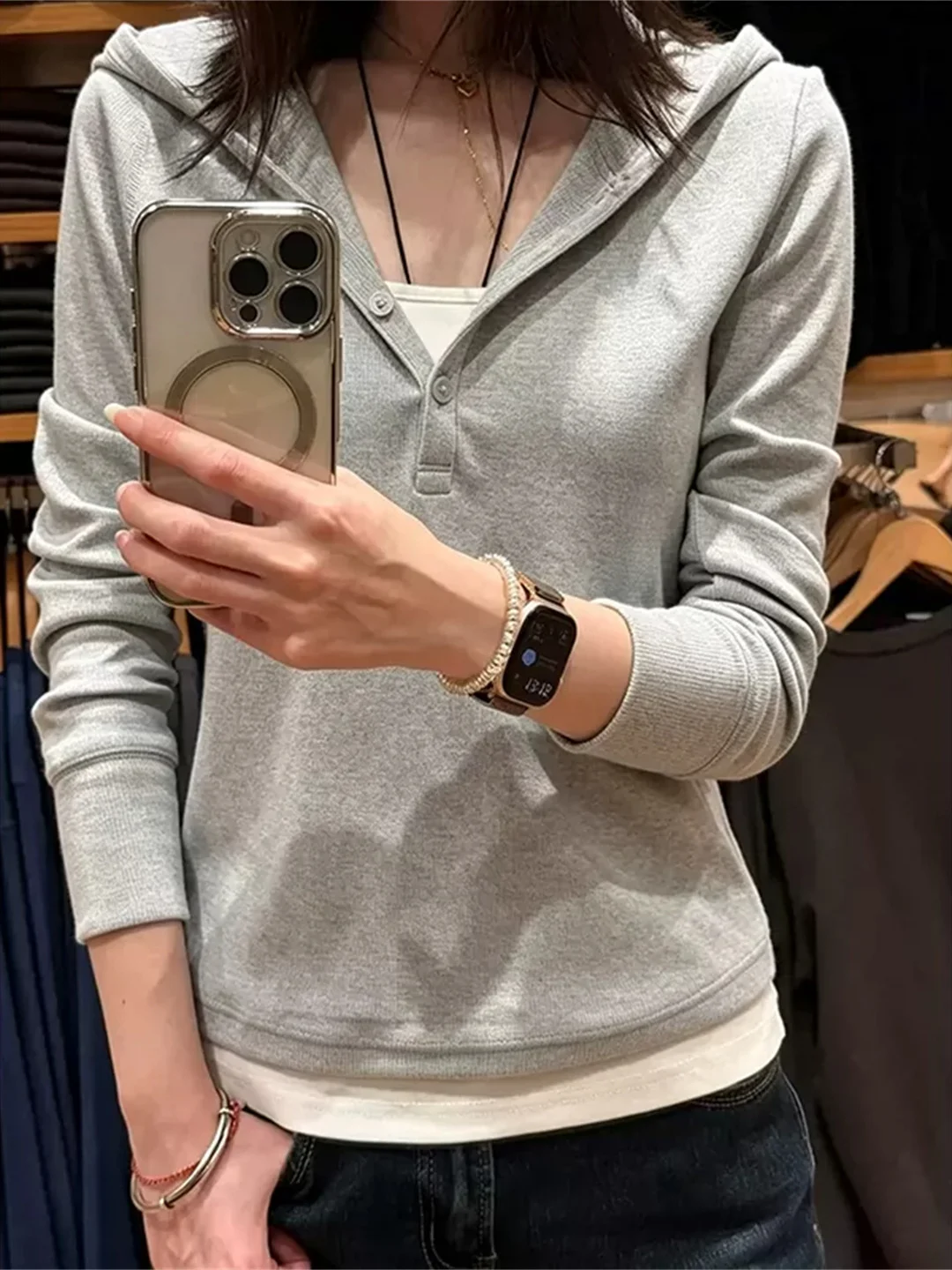 Korean Style Simple Henry Collar Long Sleeve T-Shirt Women's New 2026 Slim Fit Casual Versatile Top Sweat Absorbent Skin-Frie...