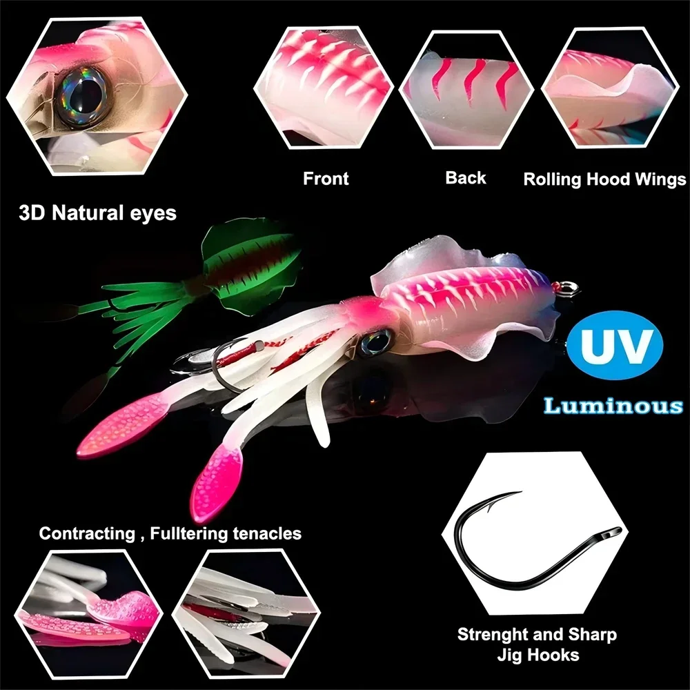 ZUKIBO Soft Squid Bait Fishing Trolling Lure Octopus Head Jigs 60g Luminous UV Squid Jig for Deep Sea Boat Fishing Wobblers Bait