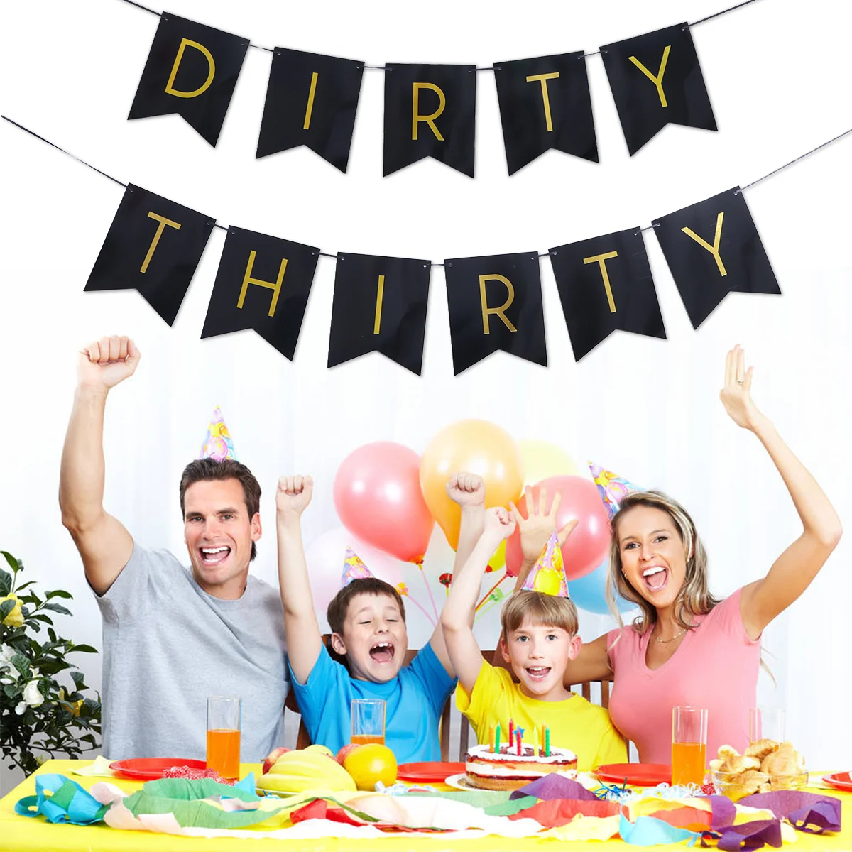 Birthday Pull Flag Party Decorations Dirty Thirty Letter Gold Fish Tail Pull Flag Birthday Garland (Black)