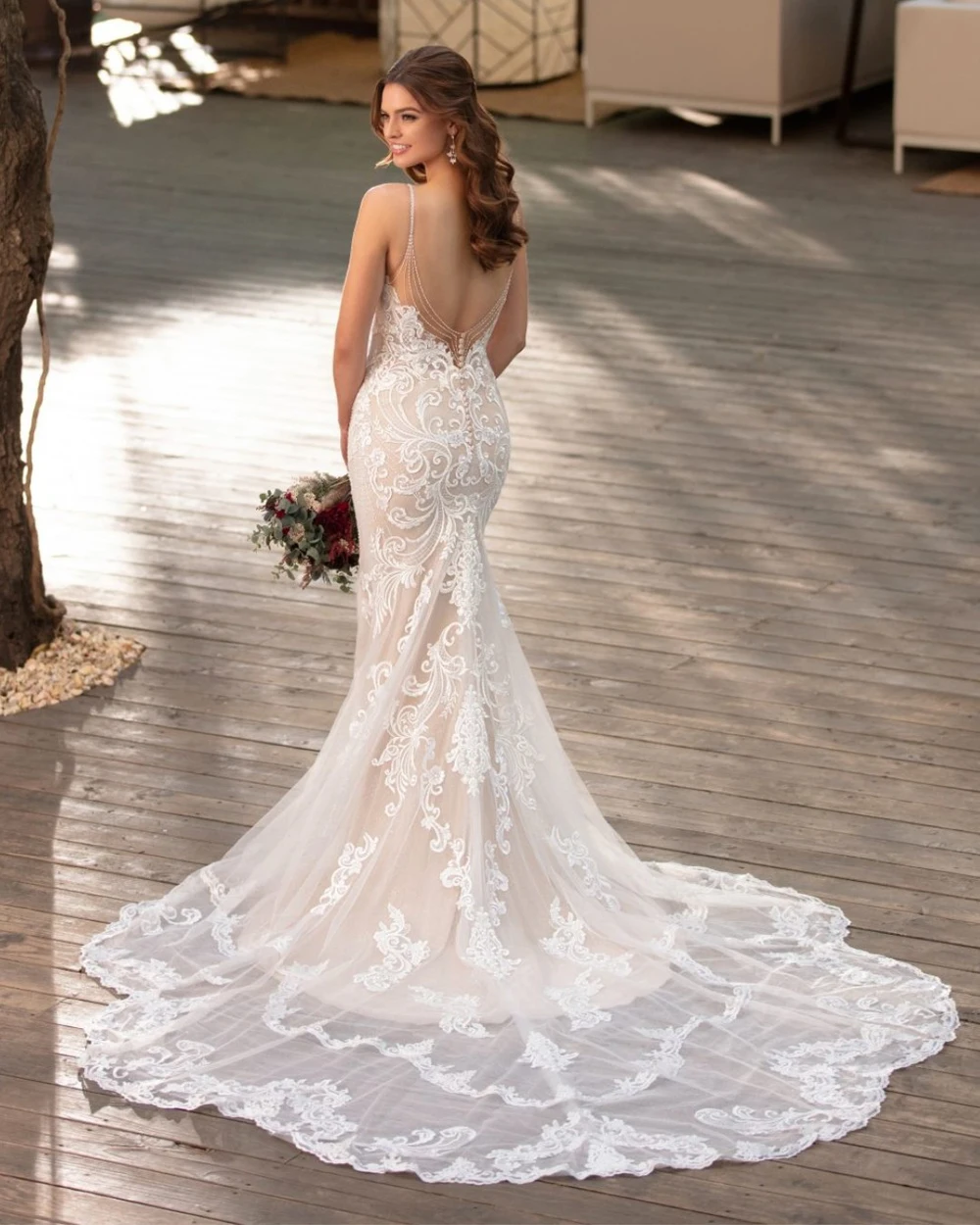 

Boho Lace Tulle Wedding Dresses Elegant Mermaid Appliques Spaghetti Straps Sweetheart Bridal Gowns Vestido De Novia Customized