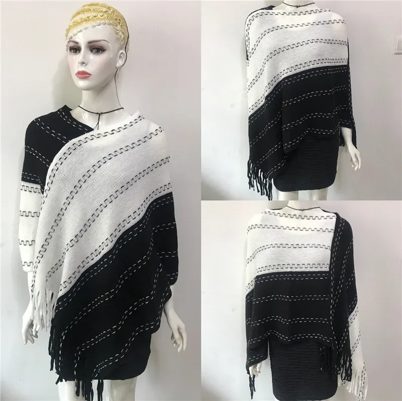 2024 Spring Autumn Color Matching Tassel Knitted Shawl Women New Warm Imitation Cashmere Pullover Cloak Sunscreen Gray