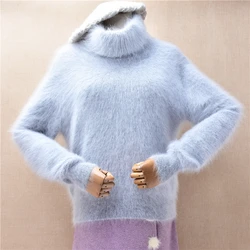 Women Mujer Autumn Winter Grey Hairy Mink Cashmere Knitted Turtleneck Long Sleeves Loose Pullover Angora Fur Jumper Sweater Pull