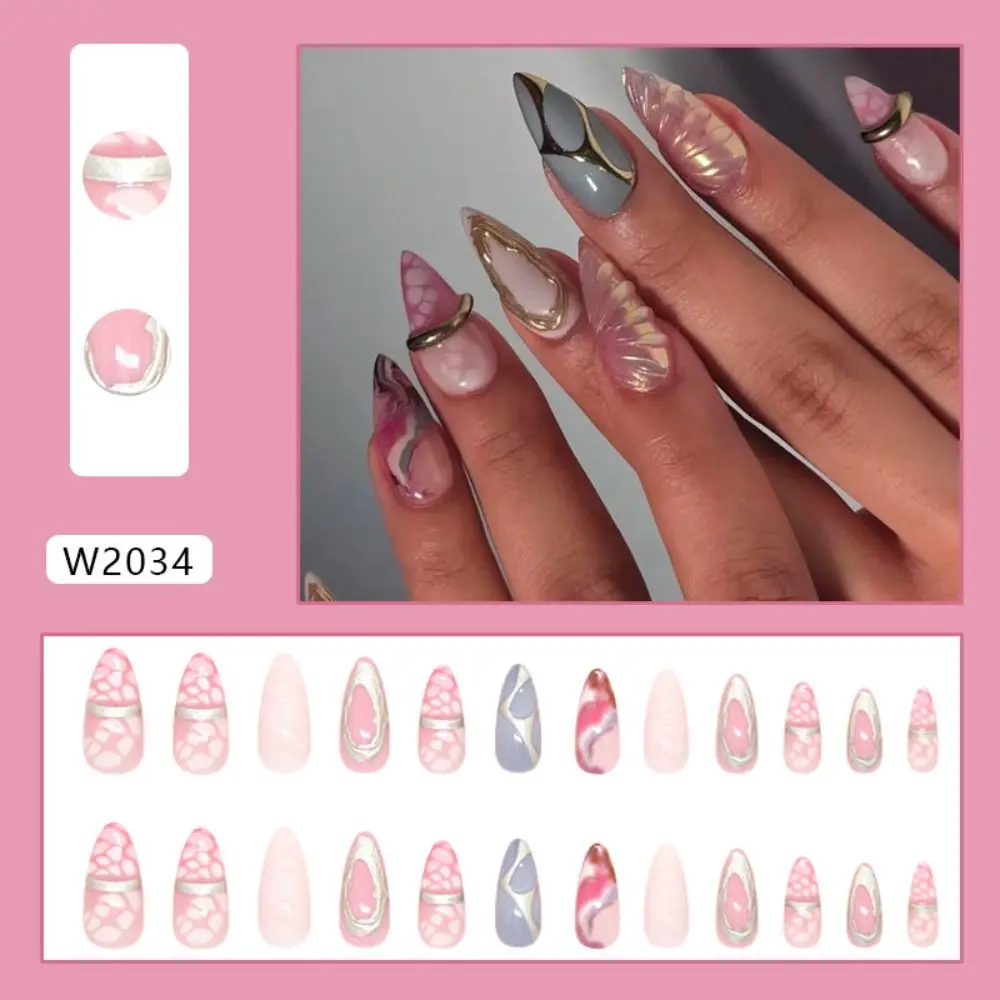24pcs Manicure Long Almond False Nails French Star Bow Fake Nials Gilded Flower Pearl Detachable Nail Tips Women