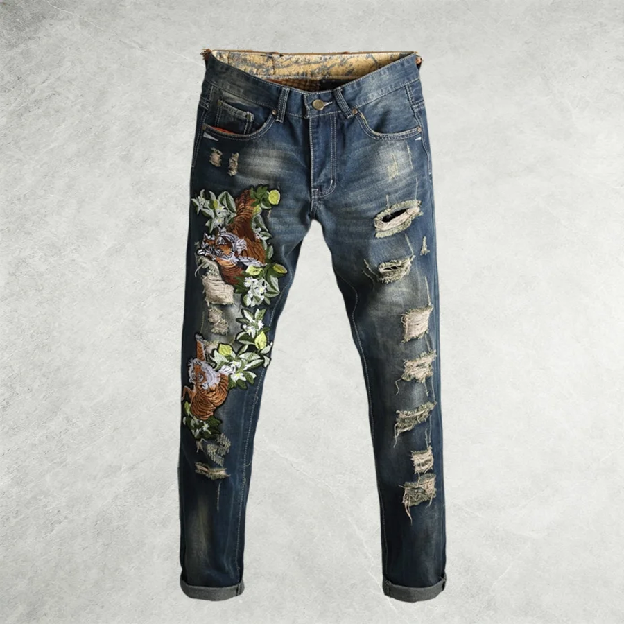 New American High Street Men's Blue Jeans Street Ripped Tiger embroidery Biker Casual Pants