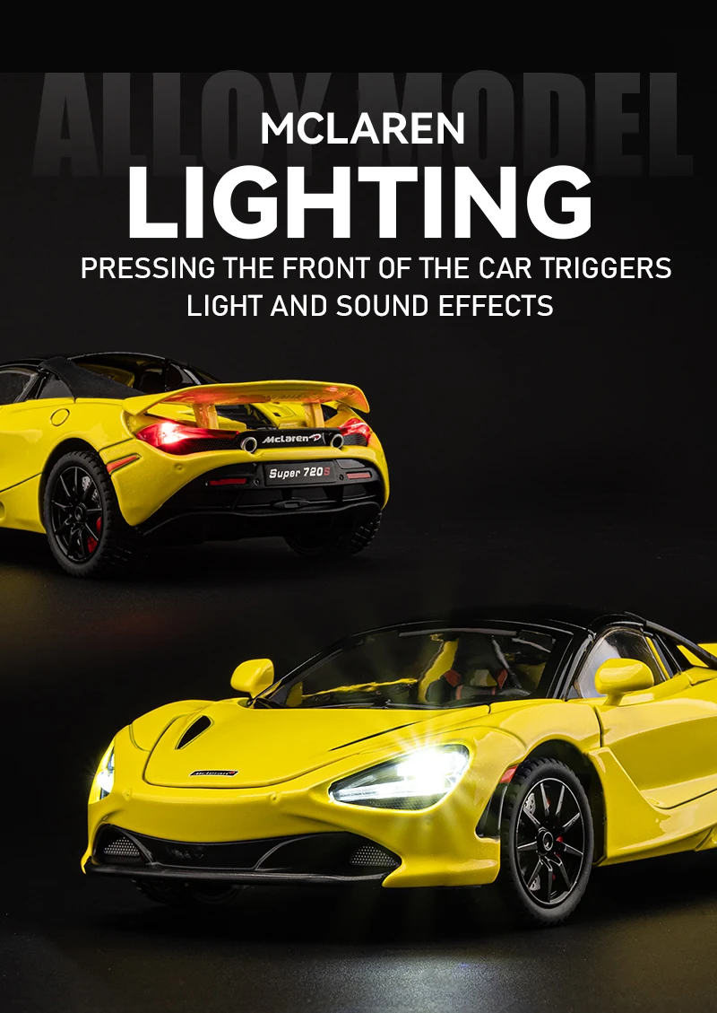 1/24 Scale 720S Racing Sports Car Alloy Model Toy Diecast Vehicle Metal Fast Furious Sound Light Collect Kid Birthday Gift Deco