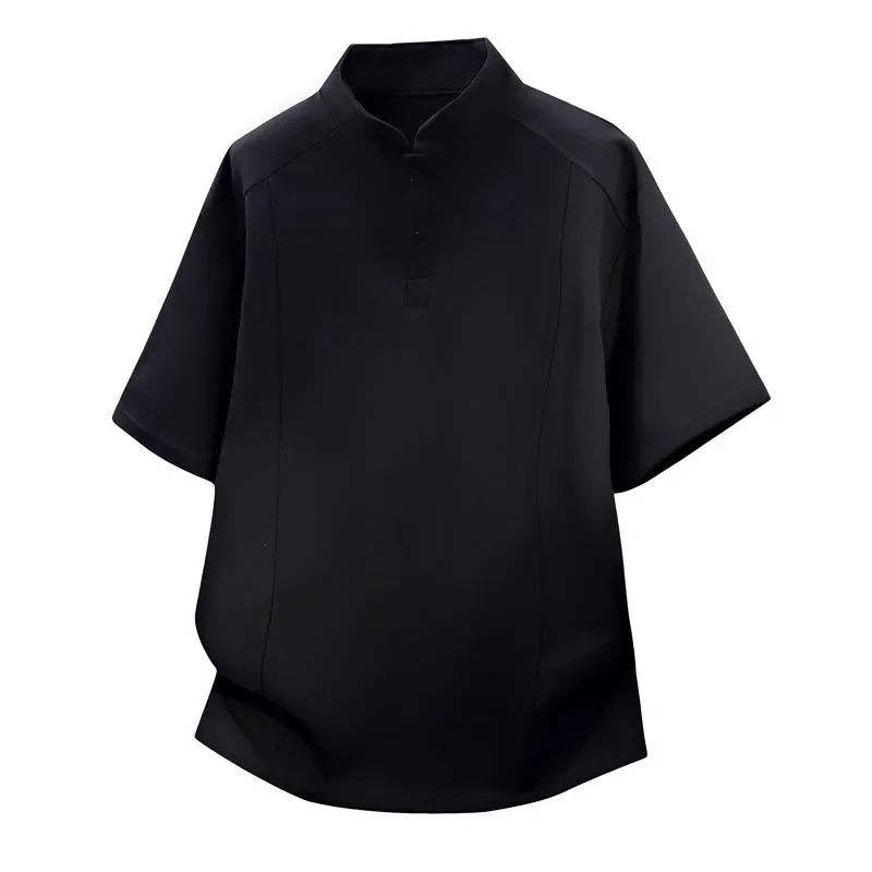 Men Mandarin Collar Spliced Short Sleeve T Shirt Deconstructed American Streetwear Loose Casual Top S-4XL
