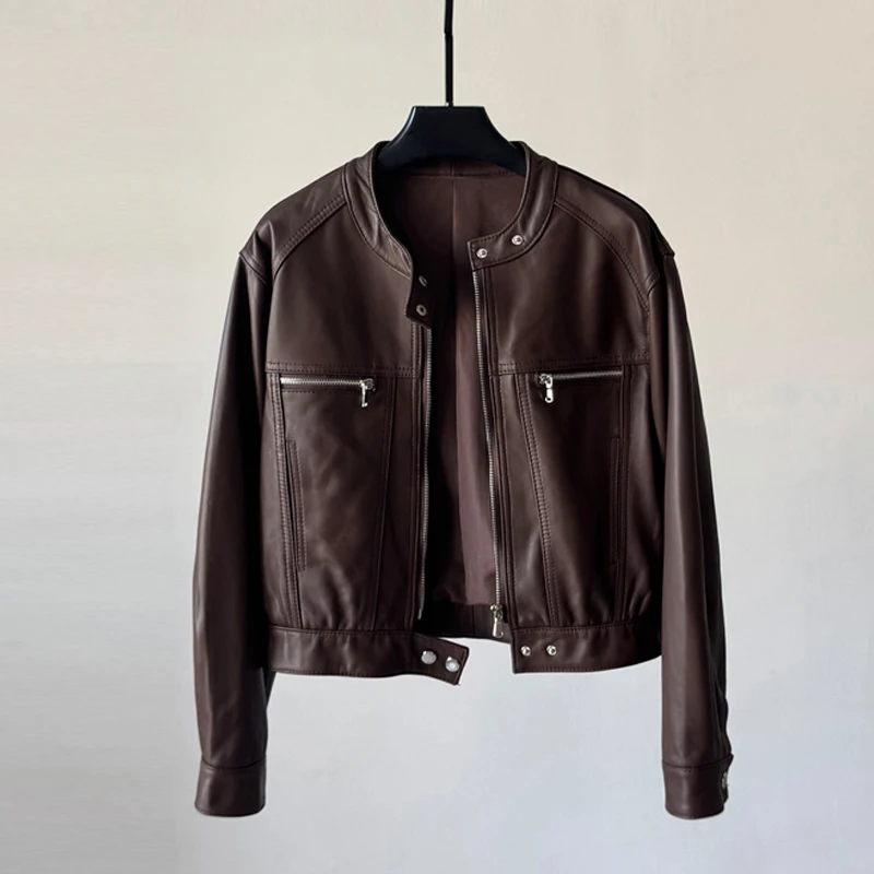 レディースカジュアルショート丈本革ジャケット 2025年秋ファッション スタンドカラー ジッパー付き シープスキン ライダースジャケット コート