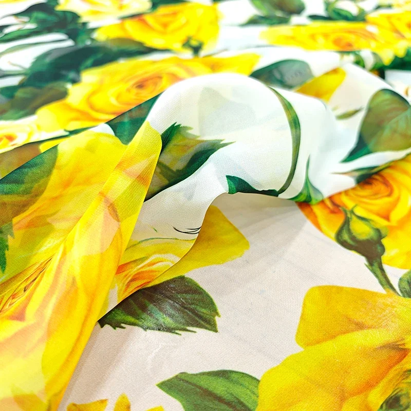 Luxury Pure Cotton Chiffon DIY Fabric High Quality for Clothing Yellow Big Flower Fashion Dress Fabrics Spring and Summer