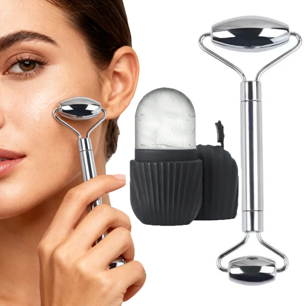 Skin Care Ice Roller Set Stainless Steel Double Head Face Roller Silicone Ice Mold Globes Relieve Redness Anti-Aging Facial Tool