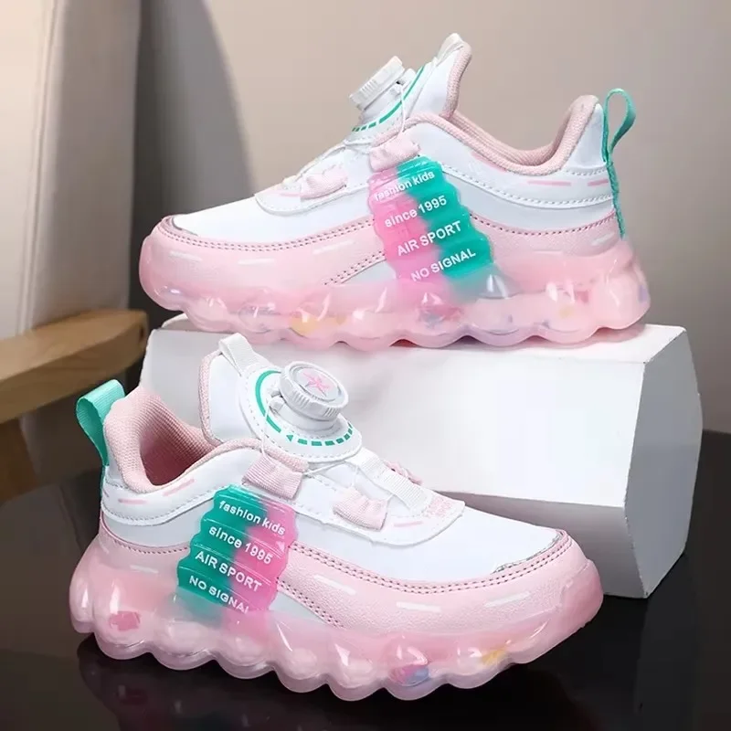 Low Cost Kids Running Shoes Quick Lacing Rotating Buckle Lightweight Princess Pink Fashion Cushion Sneakers for Girls