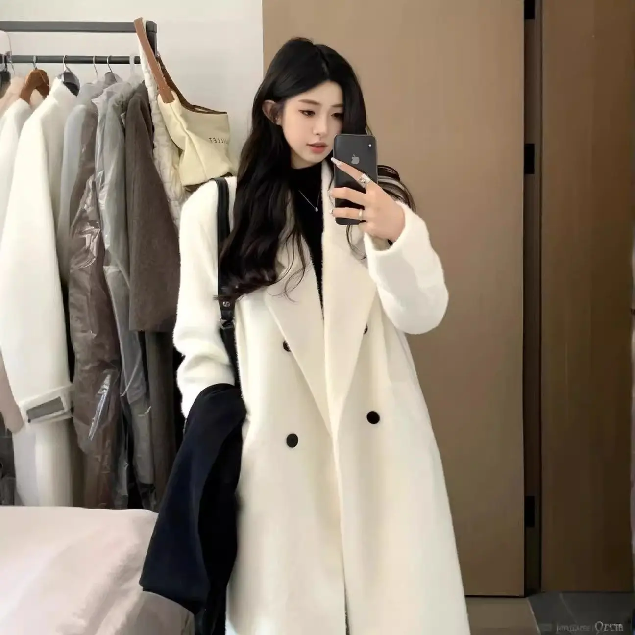 Weißer Wollmantel für Damen, Herbst und Winter, hochwertig, 2026 neu, kleiner Hepburn-Stil, mittellang.