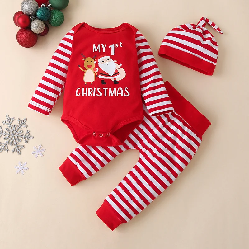 Children's Christmas Suit New Girls Striped Cartoon Crawler Hat Three-Piece Autumn Boys Fashion Casual Cute Sets 7M-3 Years Old