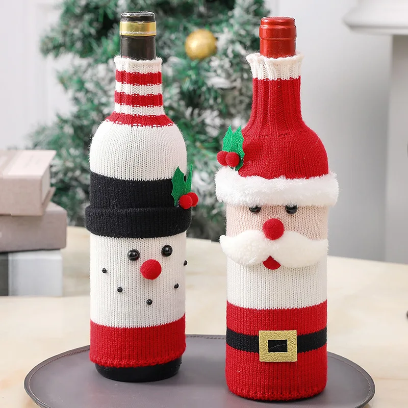 Christmas Wine Bottle Cover, Knitted Santa Claus Bottle Bags, Holiday Festive Home Restaurant Xmas Decorations Gift