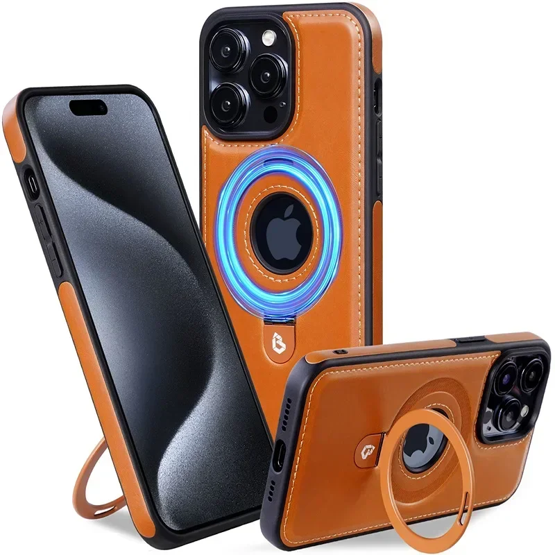 Fashionable Leather Magnetic Wireless Charging Phone Case for IPhone 15 14 13 12 Pro Max Plus Hidden Ring Holder Crash Case