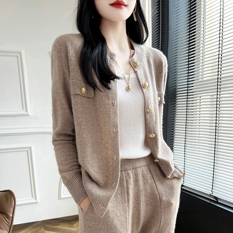 Fashion Two-piece Suit 100% Wool Cashmere Suit Women\'s Round Neck Cardigan Casual Pencil Pants 2024 Autumn/Winter New Female Set