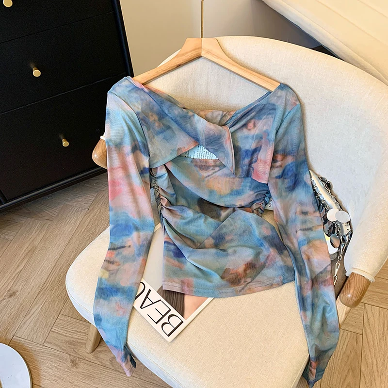 

French style off-shoulder long-sleeved American hottie fashion 2024 new sexy drawstring tie-dye gradient retro tops for women