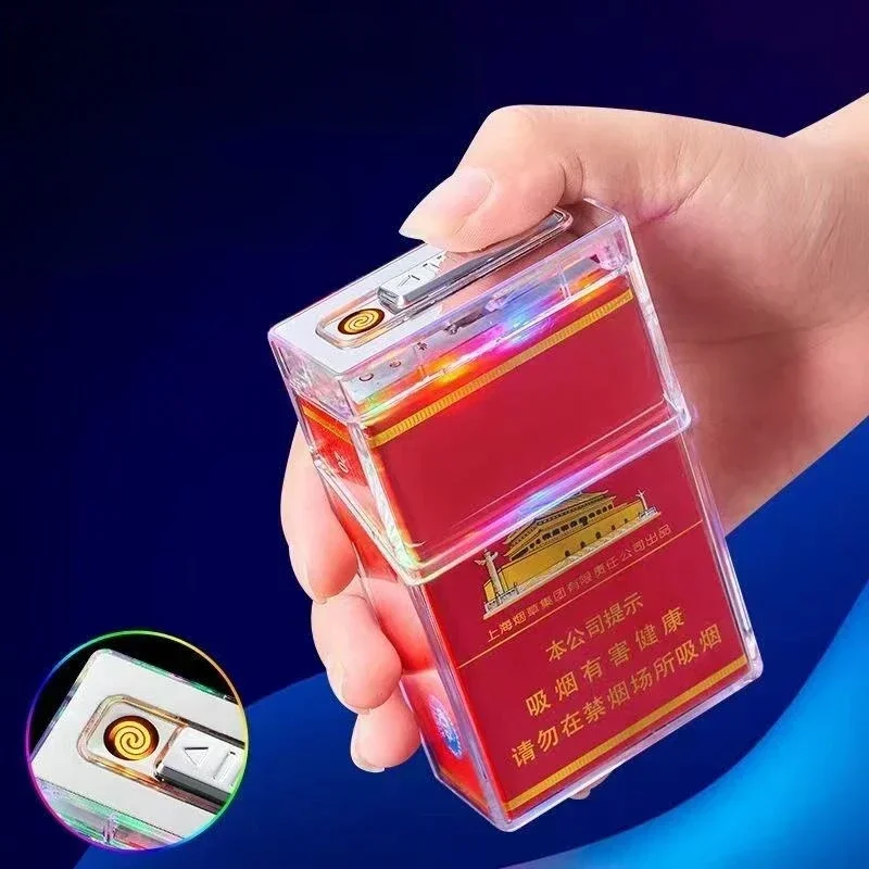 Transparent LED Lantern Cigarette Case USB Cigarette Lighter Thick Smoke Whole Pack Cigarette Case Sealed and Moisture-proof