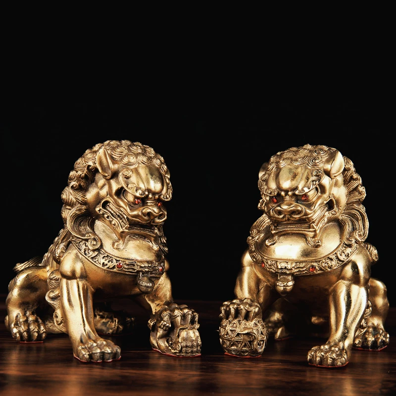 Feng Shui Pure Copper Lion Ornament Wealth Attracting Decor for Home Living Room Bedroom Office Copper Lion Statue for