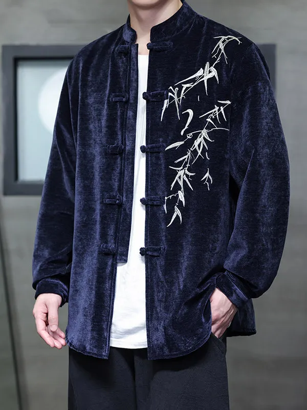 

New Chinese Sle Long Sve Embroidered Bamboo Le Jaet Men's Casual irt Coat Large Size Button down T Top